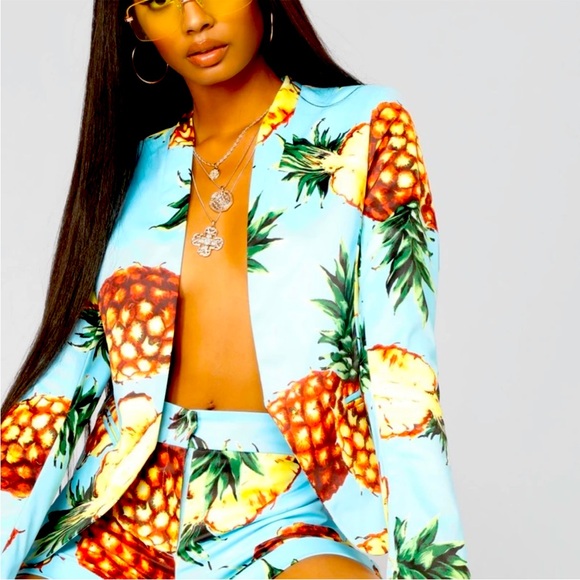 Fashion Nova Jackets & Blazers - Summer Never Worn Blue Pineapple Jacket and Short Set